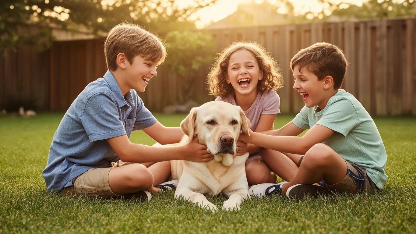 Family laughing with their labrador in the backyard