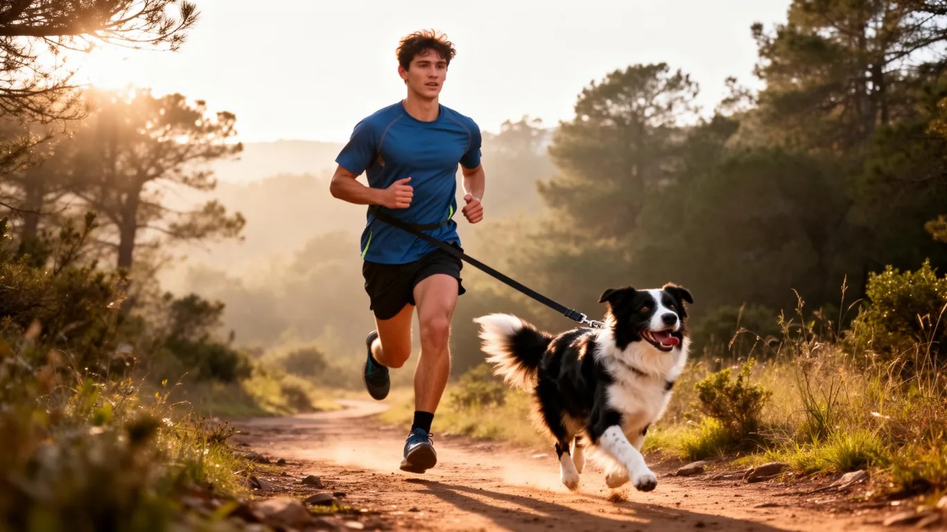 Man jogging on a trail with his border collie